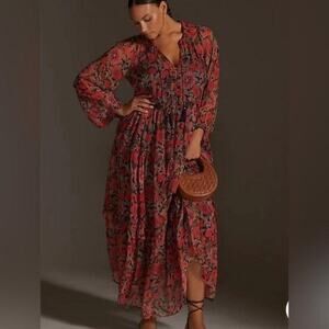 NEW Sz Small S 4-6 Anthropologie the Marais maxi dress printed blue red floral